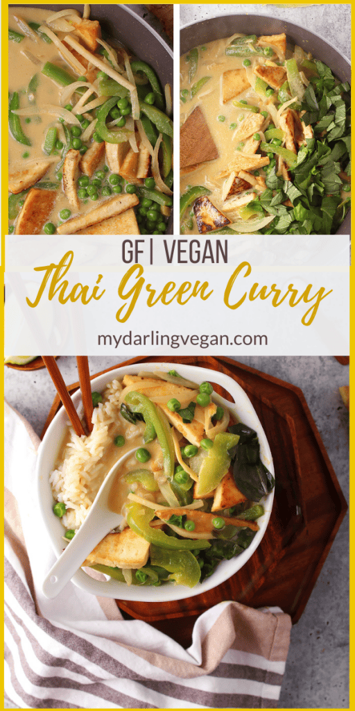 This Thai Green Curry is filled with fresh green vegetables and pan-fried tofu for an easy healthy and delicious weeknight meal. Vegan and Gluten-free; made in under 30 minutes