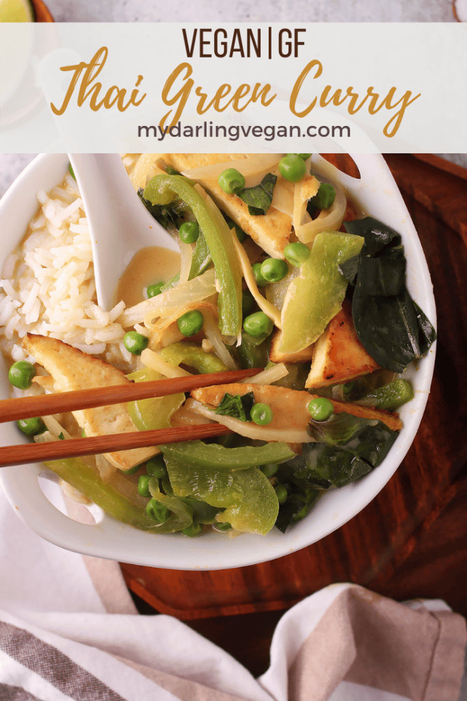 This Thai Green Curry is filled with fresh green vegetables and pan-fried tofu for an easy healthy and delicious weeknight meal. Vegan and Gluten-free; made in under 30 minutes