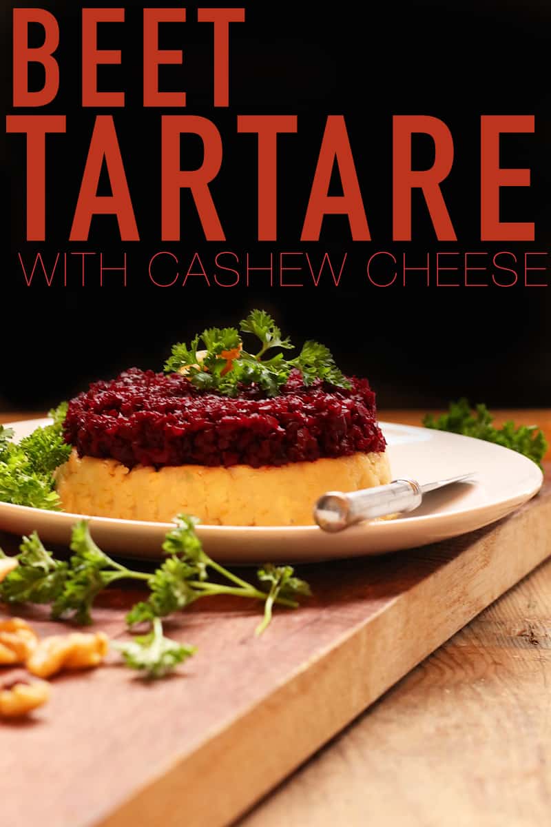 This Beet Tartare with Cashew Cheese is made with roasted balsamic beets served over lemony cashew cheese for a delicious and decadent appetizer. #vegan #cashewcheese #beets #vegetarian #appetizers #snacks #mydarlingvegan