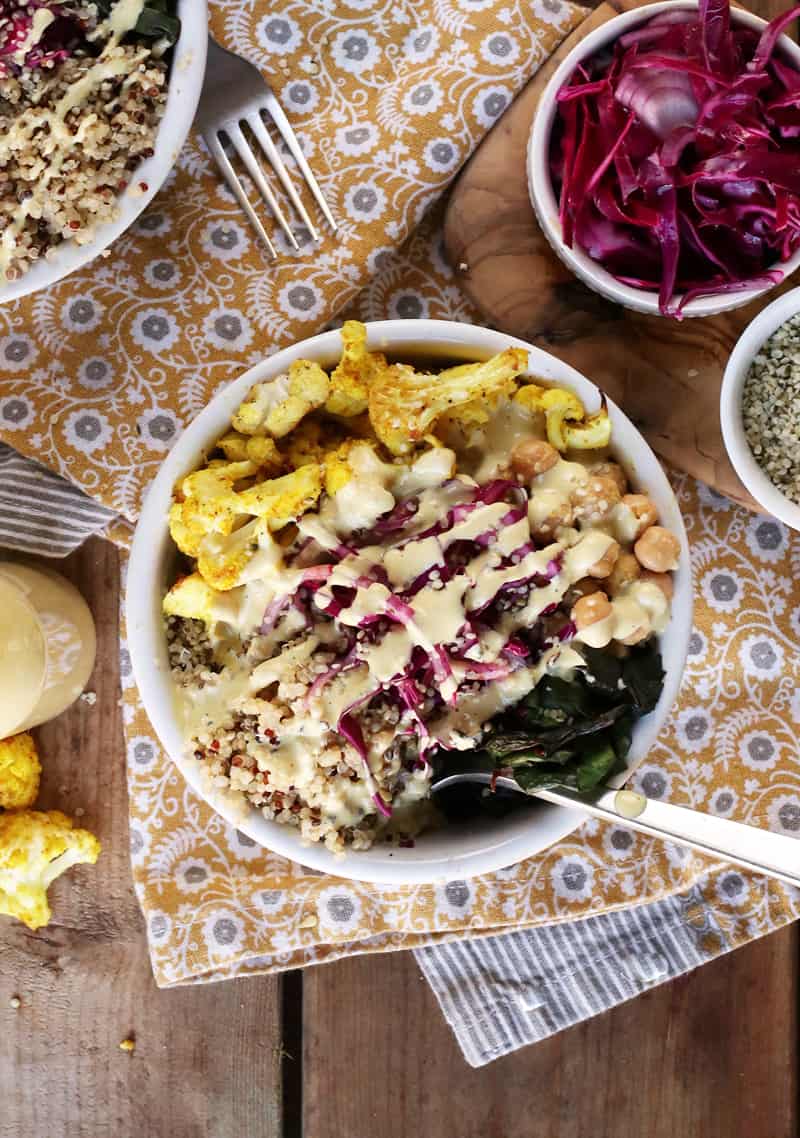 Roasted Cauliflower Quinoa Bowl with cashew sauce