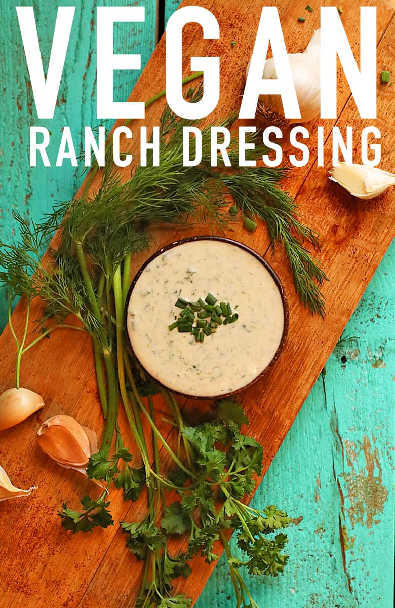 This Homemade Vegan Ranch Dressing is everything you want in a dressing: tangy, creamy, filled with herbs and spices, and made in just under 5 minutes. #vegan #ranch #dressing #condiments #recipes #mydarlingvegan