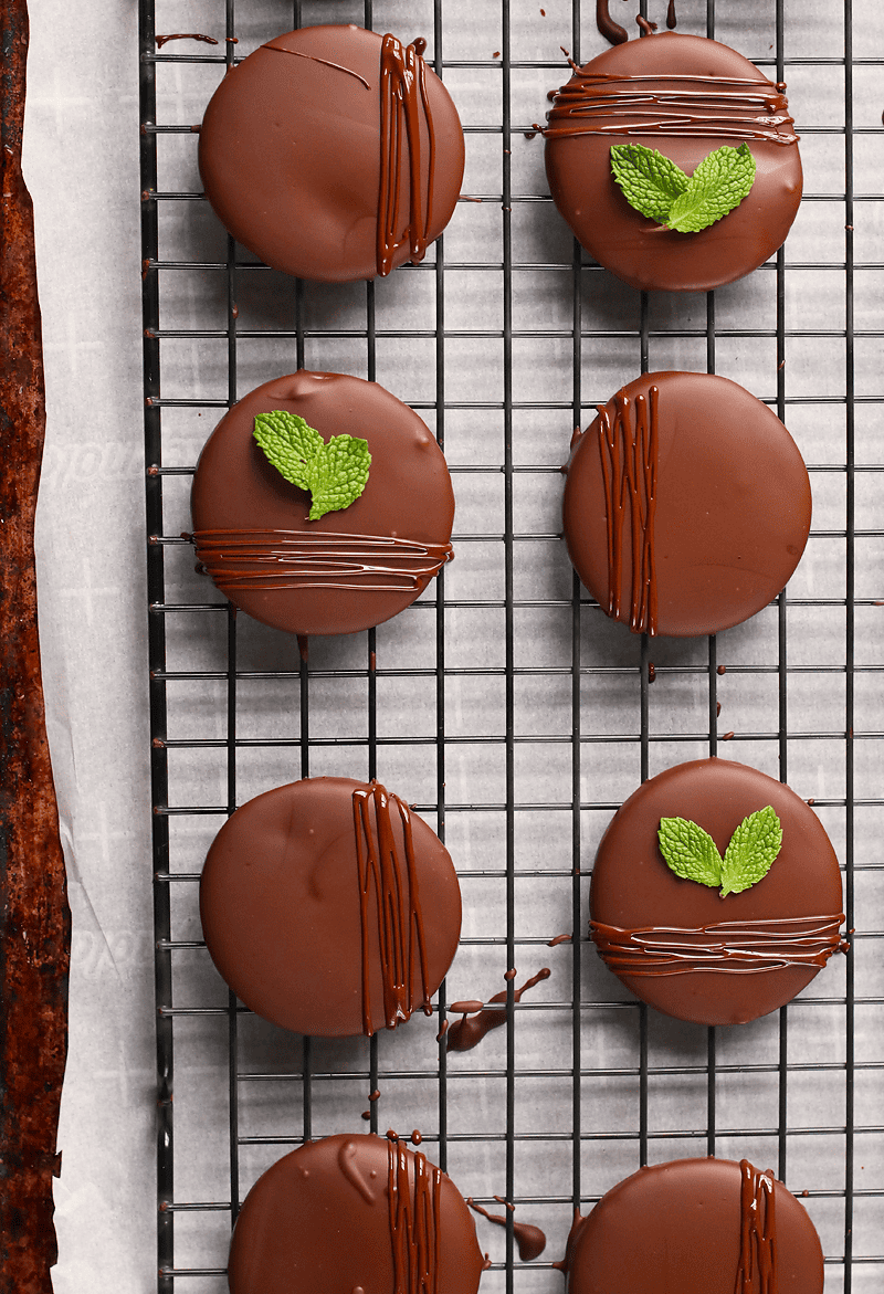 Homemade Thin Mints on wire cooling rack