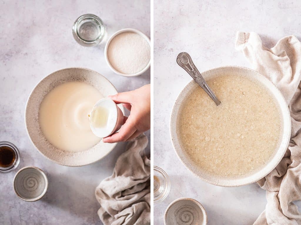 Liquid ingredients mixed together in a white bowl on a white marble countertop 