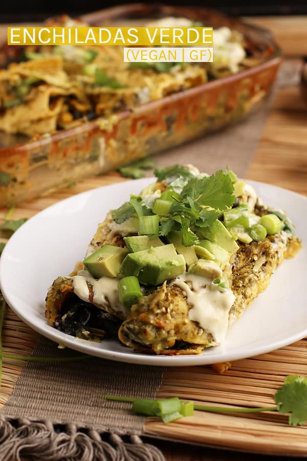 These Vegan Enchiladas Verde are made with roasted zucchini and corn and topped with homemade salsa verde for a healthy and delicious plant-based dinner. #vegan #vegetarian #mexican #enchiladas #glutenfree #recipes #dinner #mydarlingvegan
