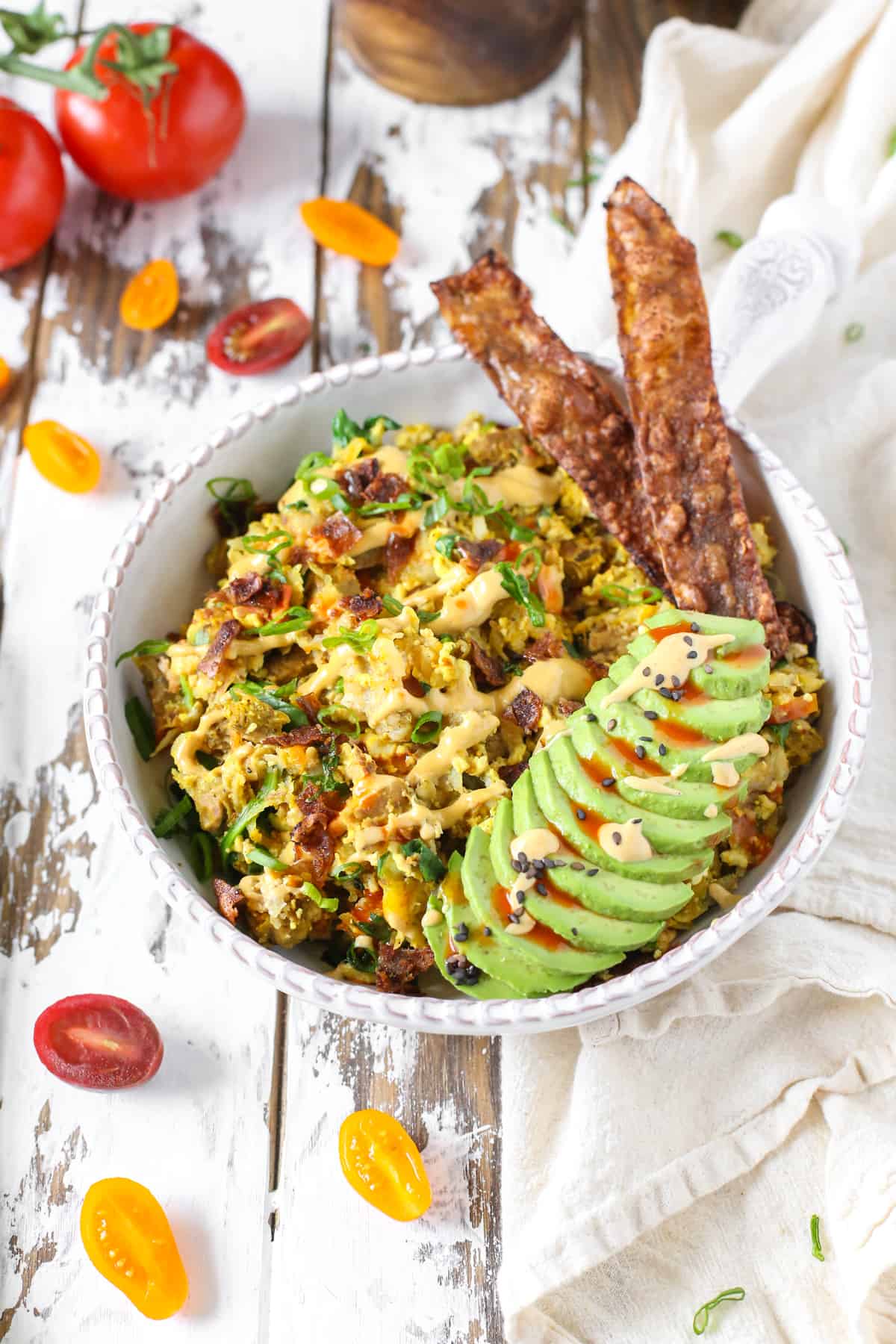 Tofu Breakfast Scramble with Coconut Bacon and avocado.