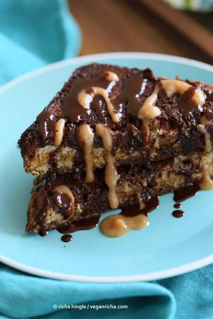 Almond Butter Salted Caramel French Toast on a Blue plate