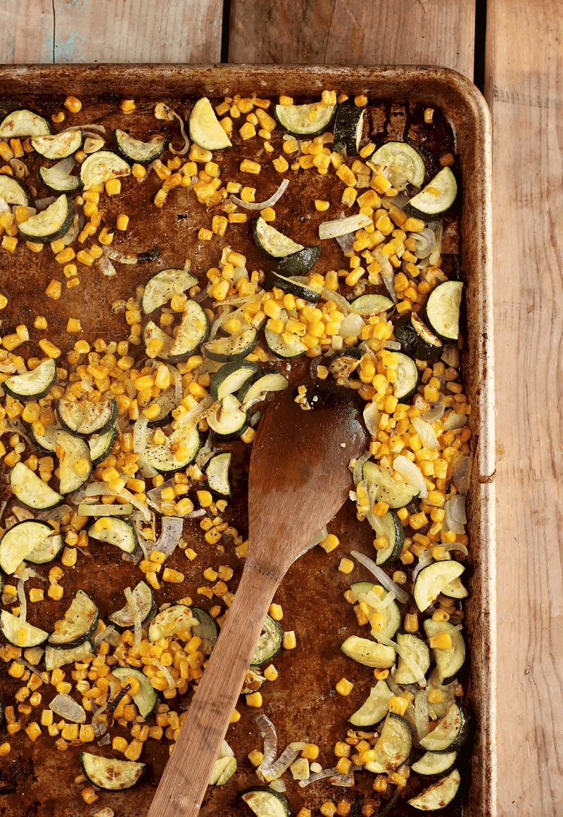 Roasted corn and zucchini on sheet pan