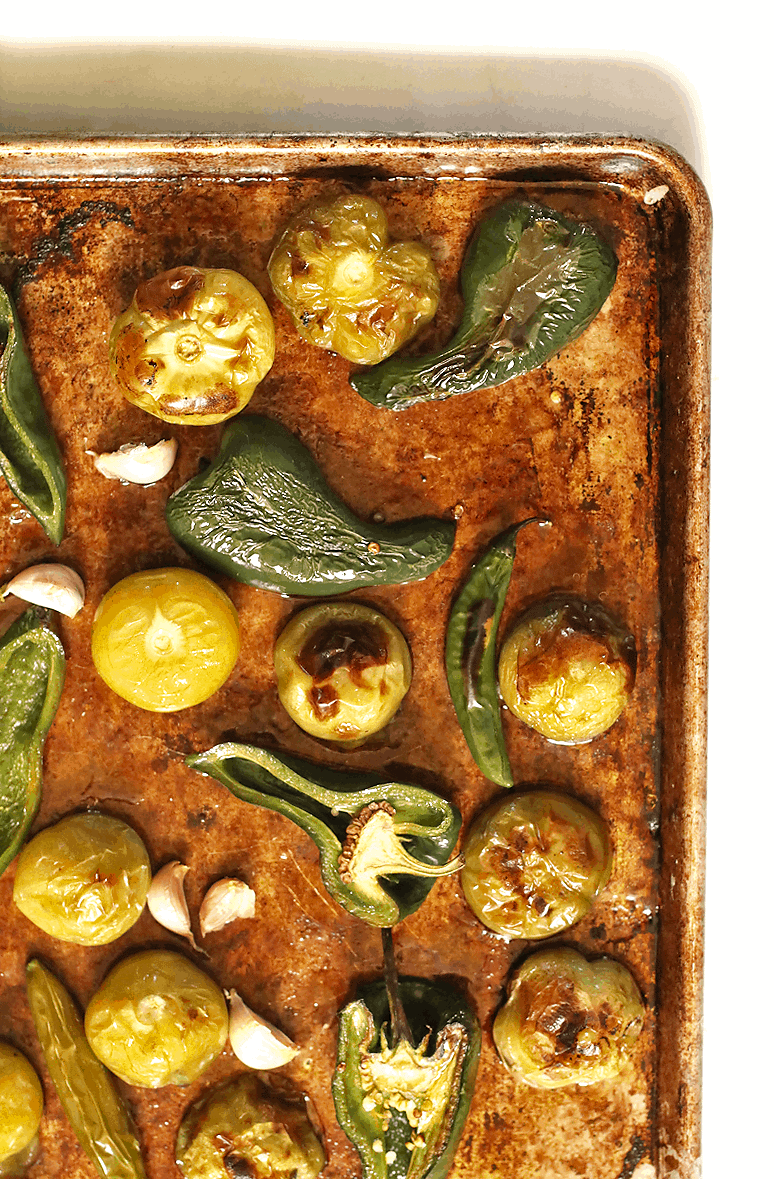 Roasted poblano peppers and tomatillos 