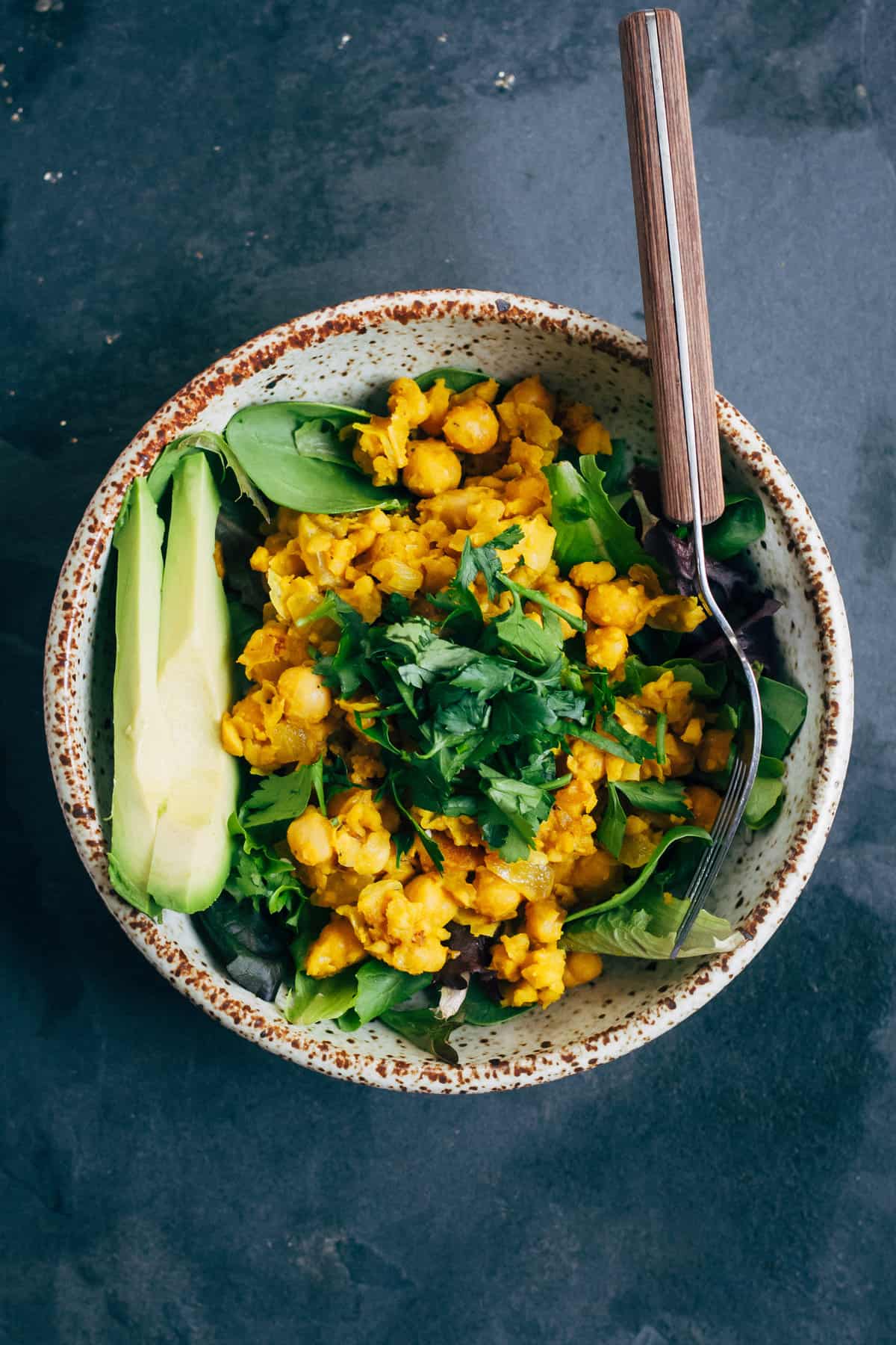 Chickpea Breakfast scramble with spinach and avocado.