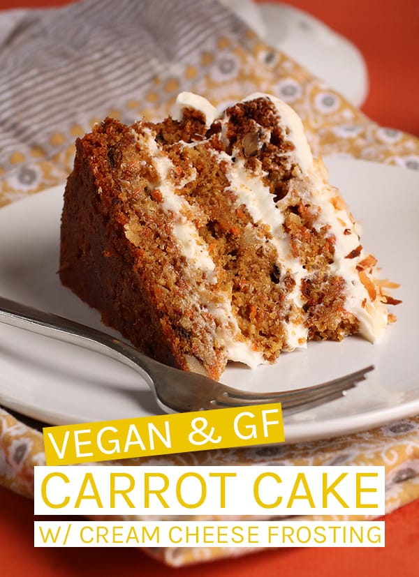 This vegan and gluten free carrot cake is made with Bob's Red Mill Gluten-Free flour for a perfectly moist and decadent holiday dessert. #vegan #glutenfree #vegandesserts #carrotcake #veganglutenfree #vegetarian #mydarlingvegan