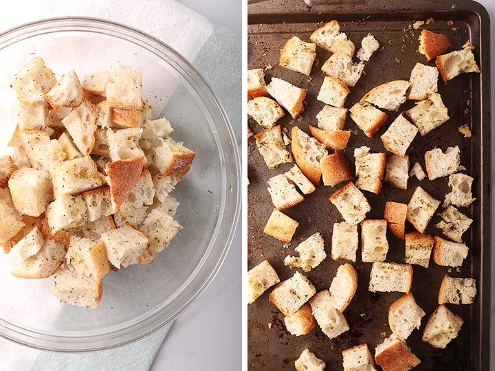 Homemade croutons on sheet pan