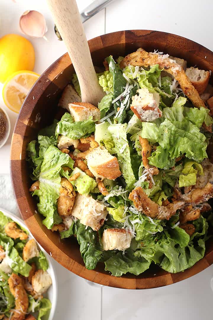 Finished salad in a wooden salad bowl