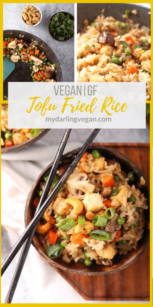 Make take-out at home! This Tofu Fried Rice is made with crispy tofu, carrots, peas, and cashews for a hearty and delicious plant-based and gluten-free meal the whole family will love.