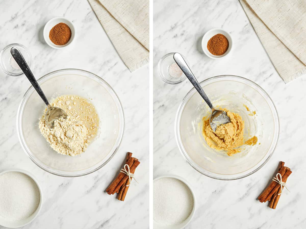 Left: chickpea flour and milk combined in a glass bowl. Right: Finished chickpea flour egg with a spoon. 