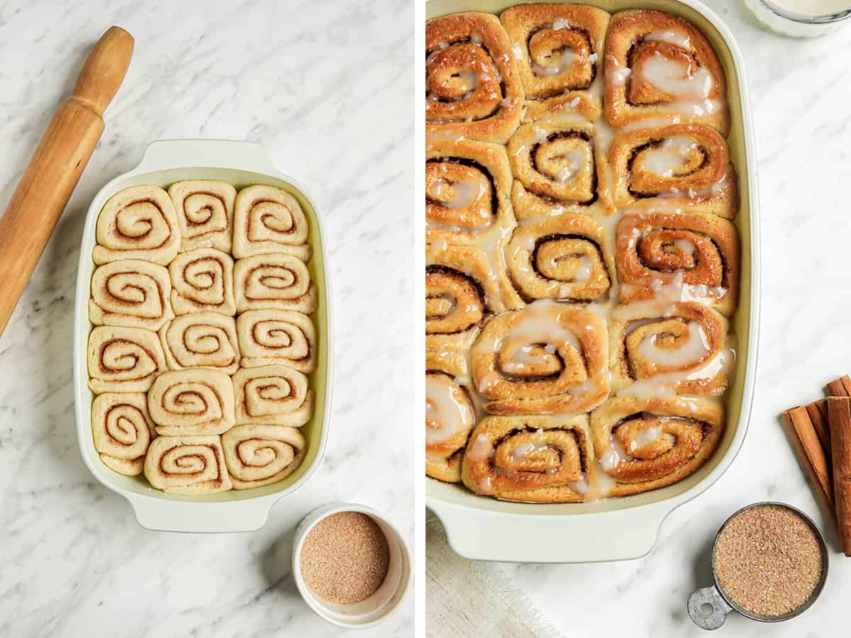 Finished cinnamon rolls in the baking pan covered in fresh glaze. 