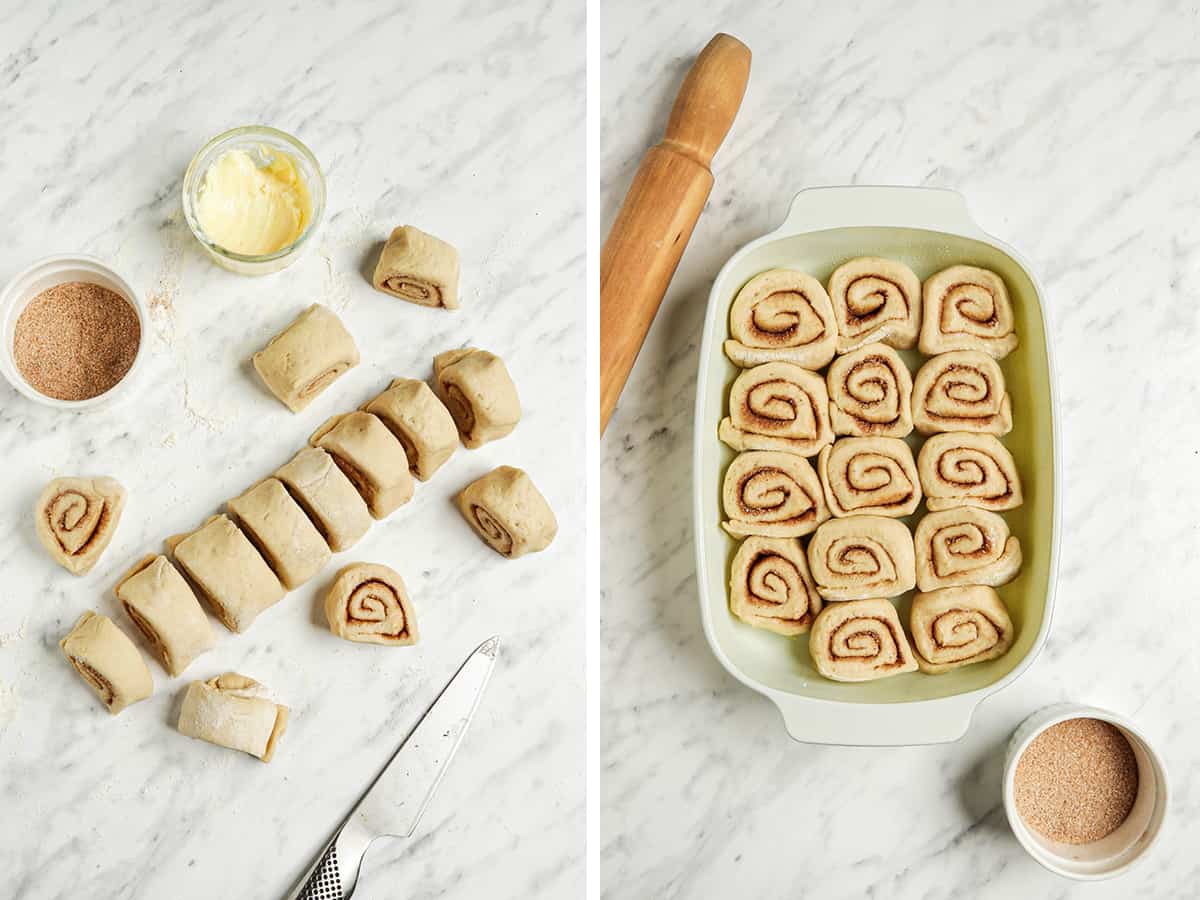 Cinnamon roll rolled up, cut into equal pieces, and placed in a baking pan. 