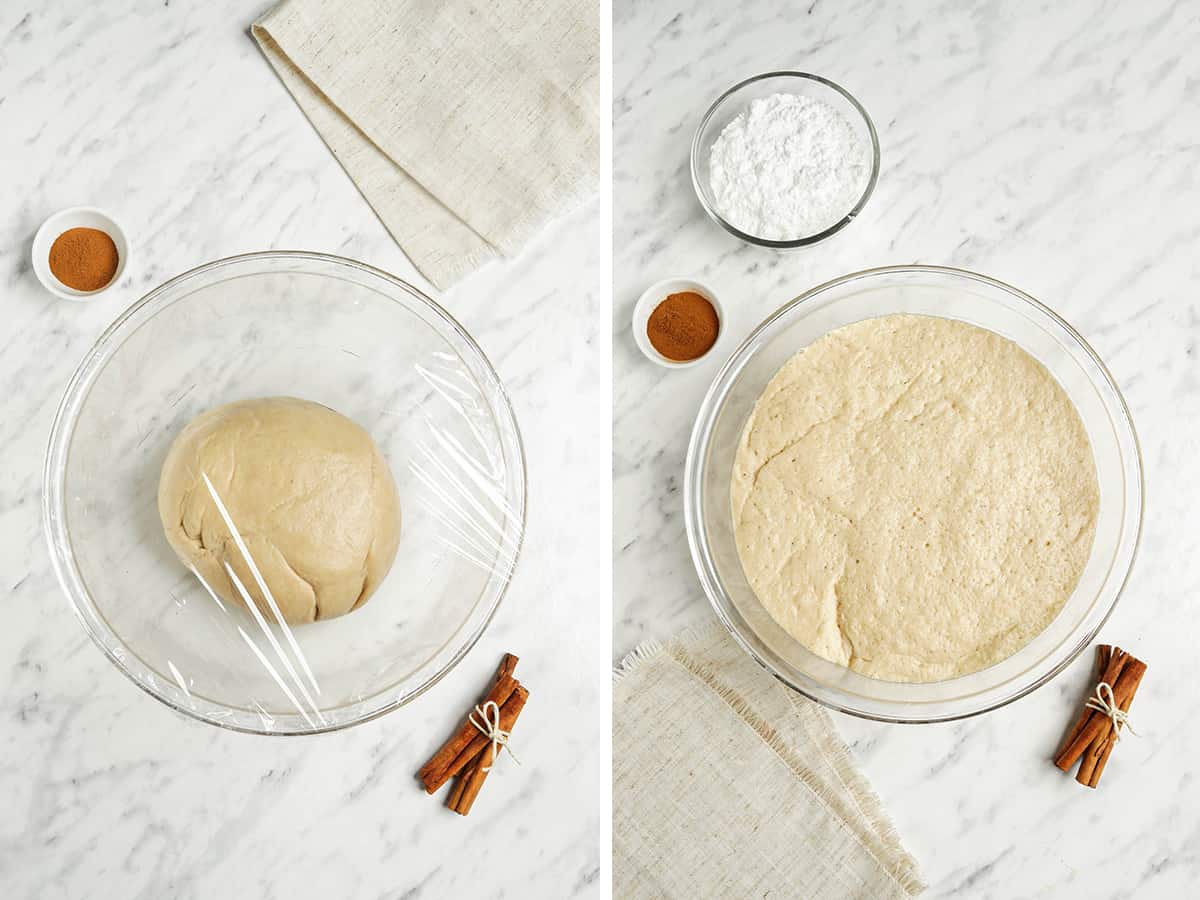 Left: Finished dough rolled into a ball and covered in plastic. Right: Full risen dough filling up a glass bowl. 