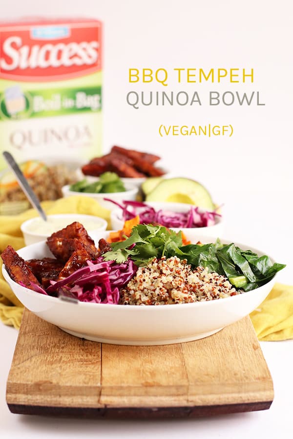 This BBQ Tempeh Quinoa Bowl is full of seasoned vegetables, delicious proteins, and fresh flavor for a vegan and gluten-free dinner recipe. #vegan #vegetarian #tempeh #BBQ #bowls #glutenfree #dinner #veganrecipes #mydarlingvegan
