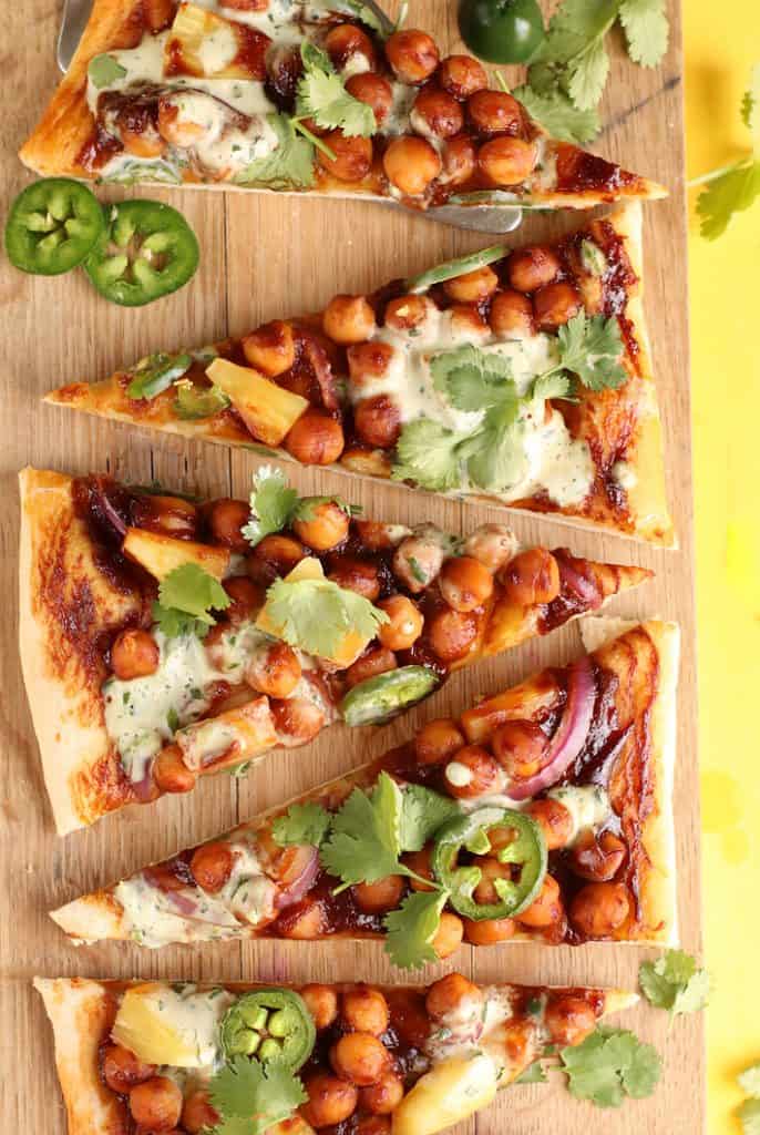 BBQ Chickpea Pizza on a wooden platter