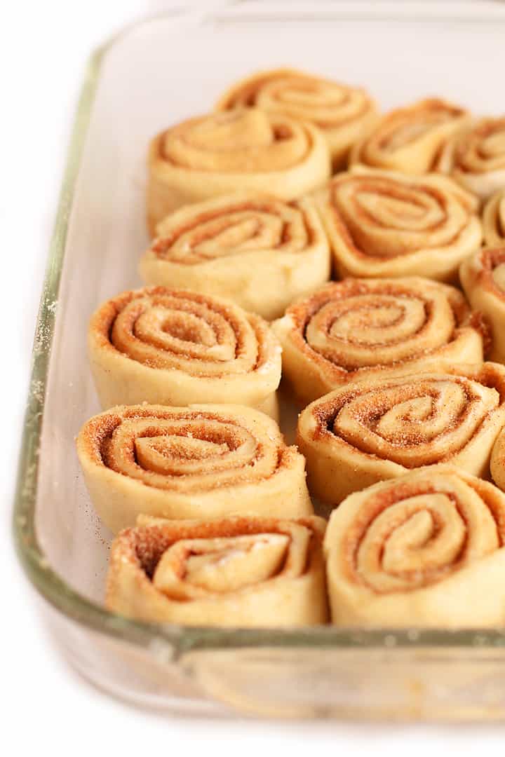 unbaked vegan Cinnamon Rolls in dish