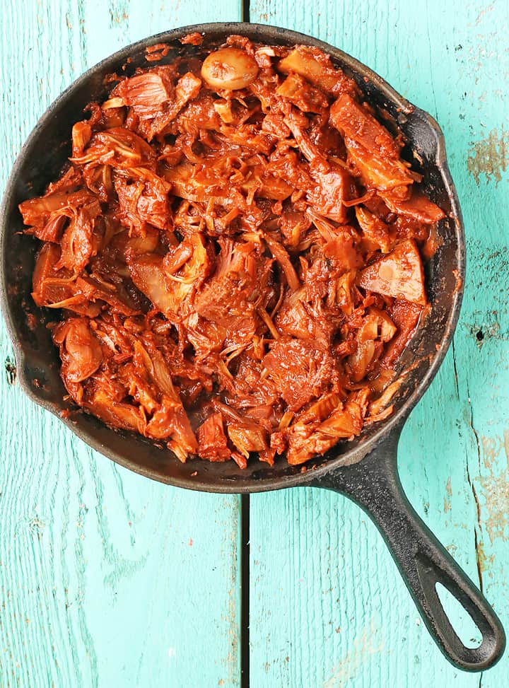 BBQ jackfruit in a cast iron skillet