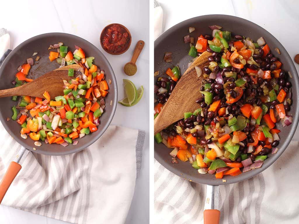 Sautéed onions, bell peppers, and black beans in a large skillet