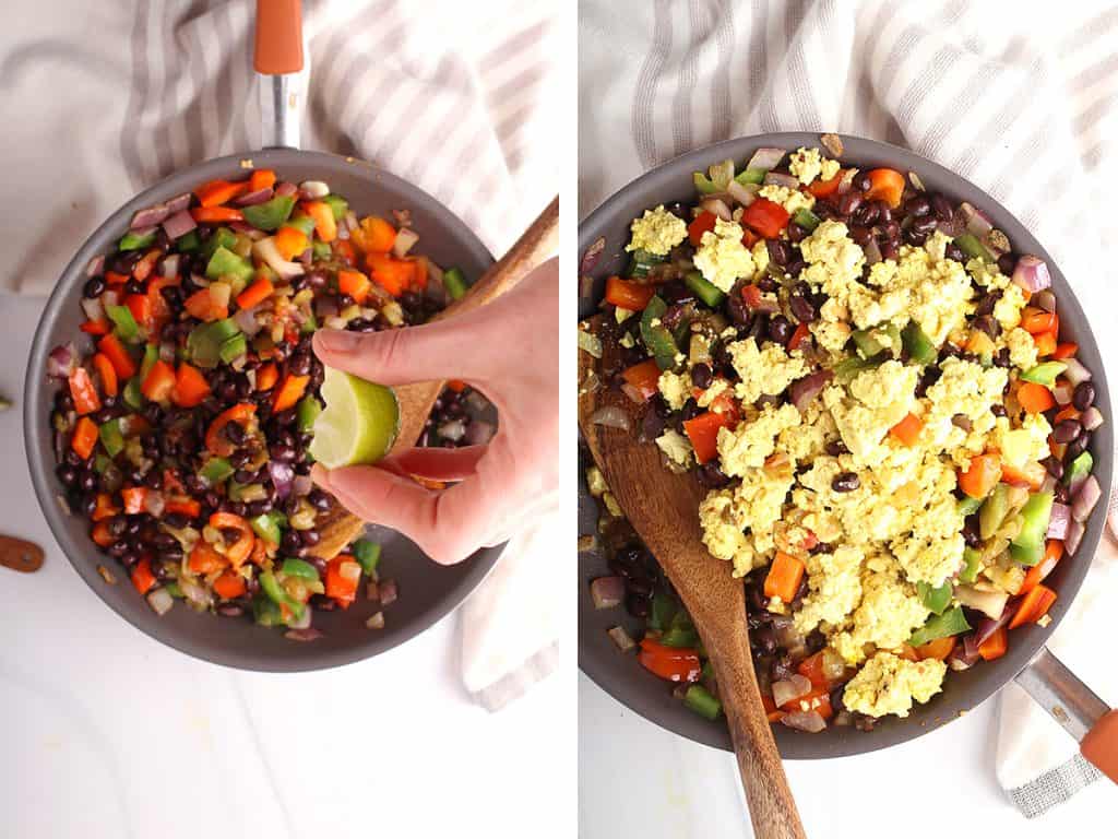 Vegan scrambled eggs mixed with peppers and onions in a large skillet