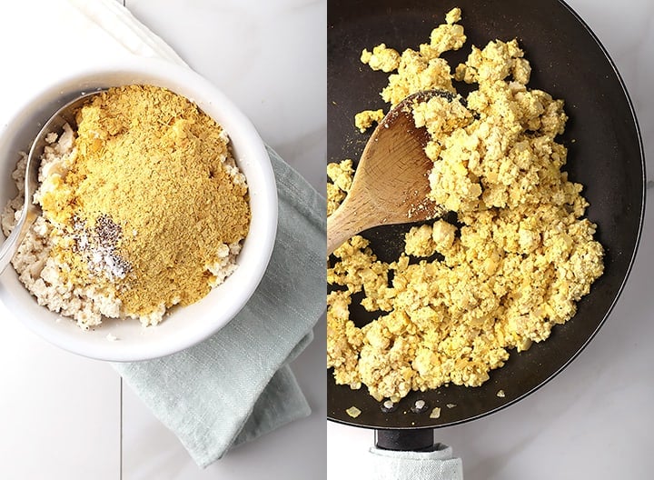 Crumbled tofu mixed with nutritional yeast and cooked in a skillet