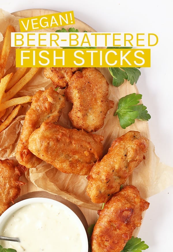 These Vegan Fish Sticks are made with shredded heart of palm dipped in a rich beer batter and served with vegan tartar sauce for an unbelievably good snack. #vegan #veganfish #vegansnacks #gameday