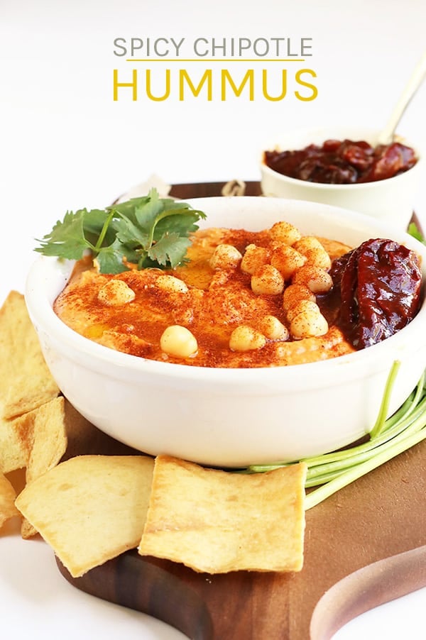 A spicy chipotle hummus that everyone will love. Serve with pita chips or fresh veggies for the perfect party or game day snack. #vegan #hummus #snacks #appetizers #chickpeas #chipotle #mydarlingvegan