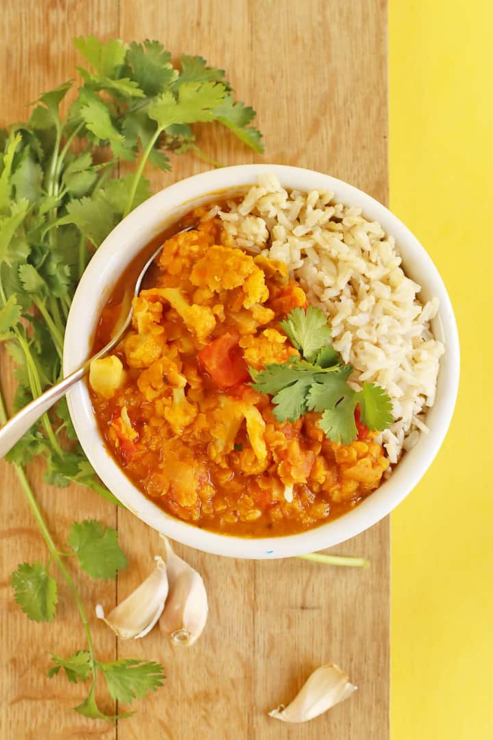 Finished curry served over rice with fresh cilantro