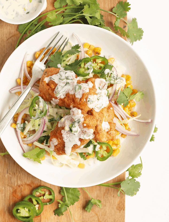 Vegan Fish Taco Bowls in a white bowl