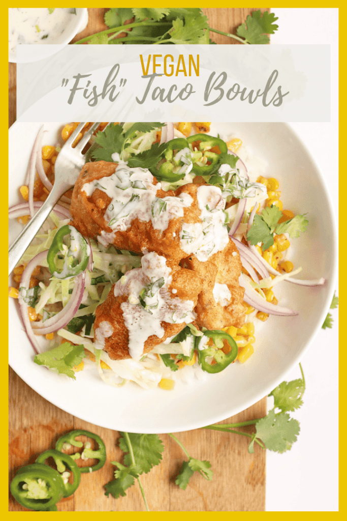 This Vegan Fish Tacos bowl is made with beer-battered vegan "fish", fresh Baja cabbage slaw, seasoned corn, and creamy Baja sauce for a meal everyone will love.