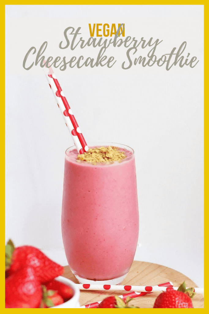 This Strawberry Cheesecake Smoothie is made with frozen strawberries and bananas and vegan cream cheese for a decadent morning treat.