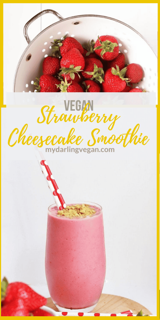 This Strawberry Cheesecake Smoothie is made with frozen strawberries and bananas and vegan cream cheese for a decadent morning treat.