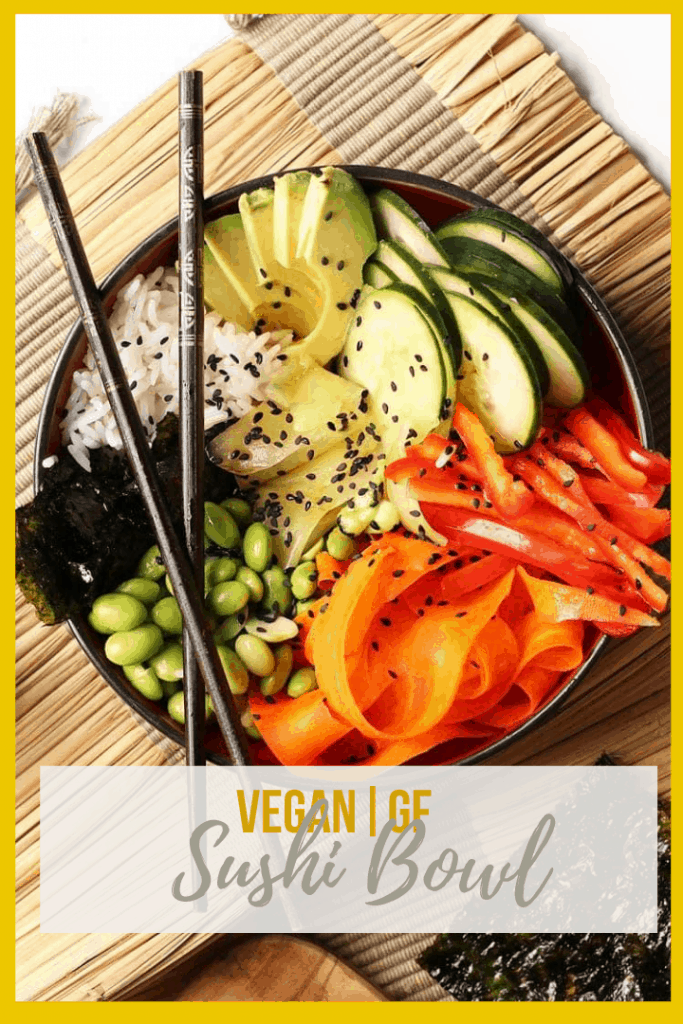 This vegan sushi bowl is made with quick pickled carrots and cucumbers, avocado, and edamame, all tossed in sesame soy dressing and served over rice. Made in just 30 minutes for a delicious vegan and gluten-free meal.