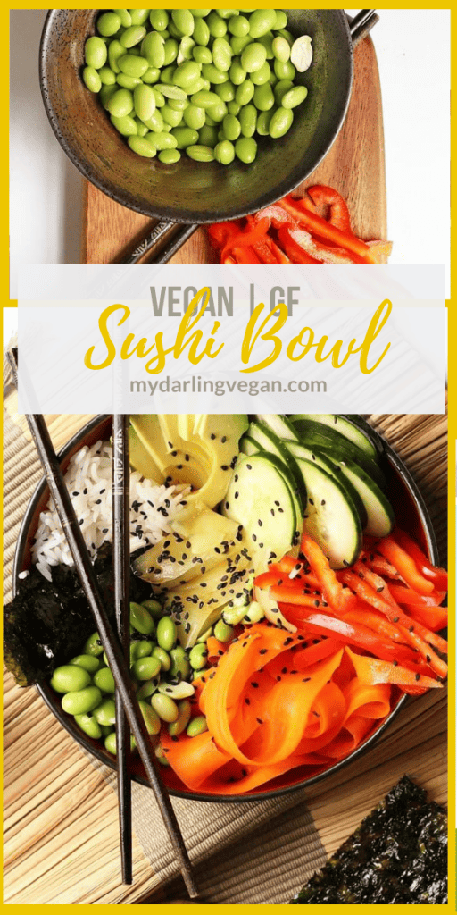 This vegan sushi bowl is made with quick pickled carrots and cucumbers, avocado, and edamame, all tossed in sesame soy dressing and served over rice. Made in just 30 minutes for a delicious vegan and gluten-free meal.