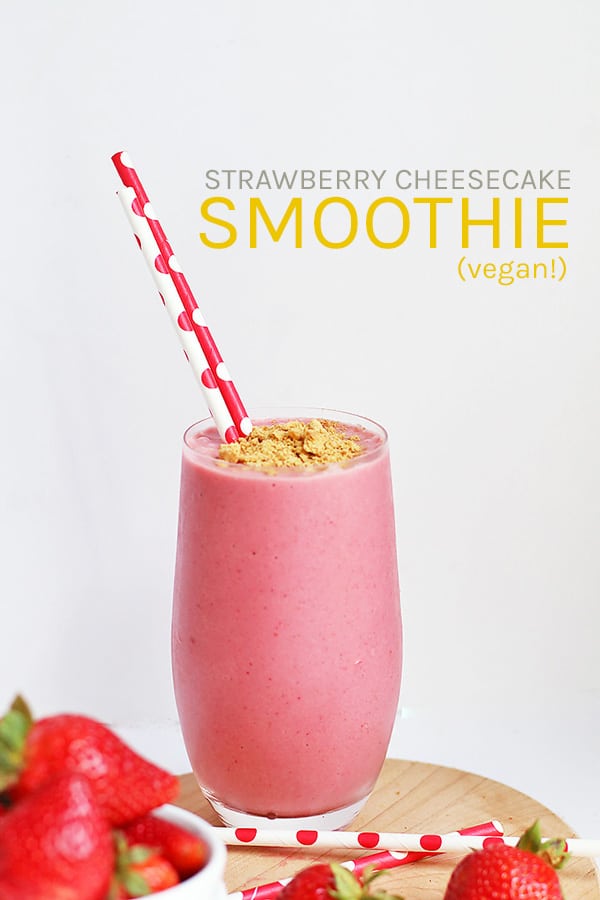 This Strawberry Cheesecake Smoothie is made with frozen strawberries and bananas and vegan cream cheese for a decadent morning treat.