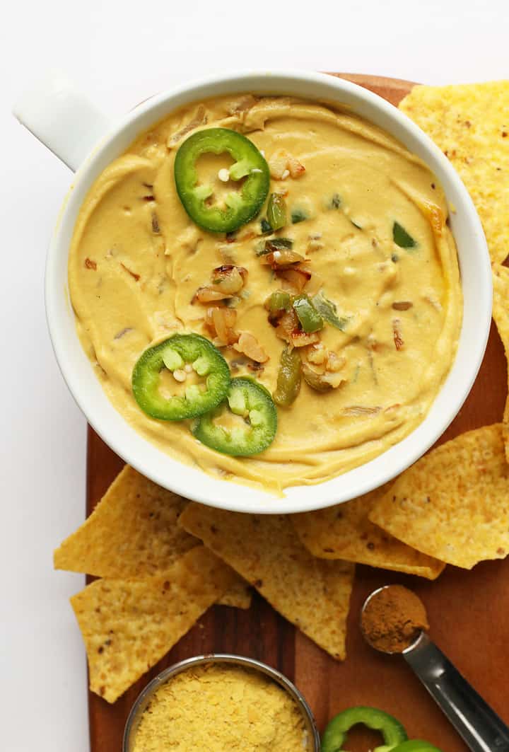 Finished vegan queso in a white bowl