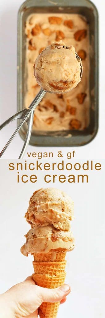 This vegan snickerdoodle ice cream is something to get excited about. It is made with a sweet cinnamon coconut ice cream base and gluten-free snickerdoodle cookie mix-ins for a delightful and decadent dessert.