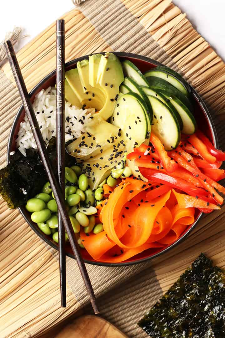 Finished sushi bowl with chopsticks