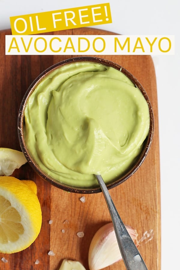 This Avocado Mayo is vegan, soy free, AND oil free for a healthy, delicious, and creamy spread for sandwiches, salads, and vegetables. #vegan #healthy #oilfree #veganmayo #avocado