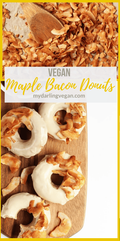 Vegan Maple Bacon Doughnuts! These amazing doughnuts are lightly spiced and baked to perfection. Finished them off with a sweet maple glaze and crispy coconut bacon for a delicious morning pastry.