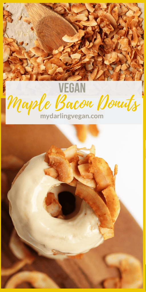 Vegan Maple Bacon Doughnuts! These amazing doughnuts are lightly spiced and baked to perfection. Finished them off with a sweet maple glaze and crispy coconut bacon for a delicious morning pastry.