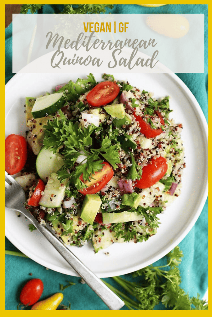 This Mediterranean Quinoa Salad is made with fresh herbs and vegetables and topped with a lemon dressing for a refreshing and hearty summertime salad.