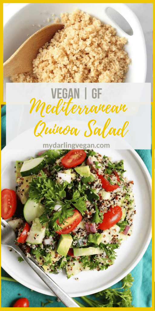 This Mediterranean Quinoa Salad is made with fresh herbs and vegetables and topped with a lemon dressing for a refreshing and hearty summertime salad.