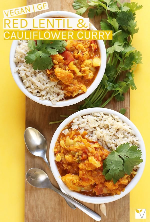 This vegan Red Lentil Cauliflower Curry is a spiced Indian Curry made with lentils and cauliflower for a delicious gluten-free and plant-based meal. #vegan #curry #glutenfree #veganrecipes #dinnerrecipes #curryrecipes #cauliflower #lentils #mydarlingvegan