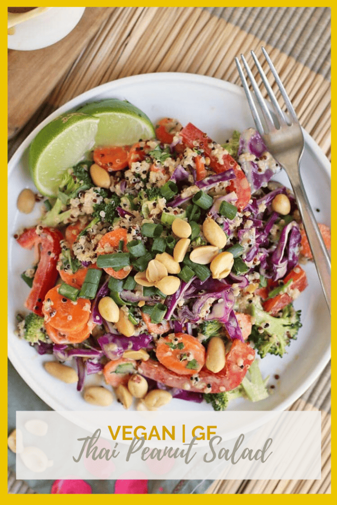 You're going to love this Thai Quinoa Salad! It is made with tri-color quinoa, fresh vegetables, and spicy peanut sauce for a delicious and healthy vegan and gluten-free meal.