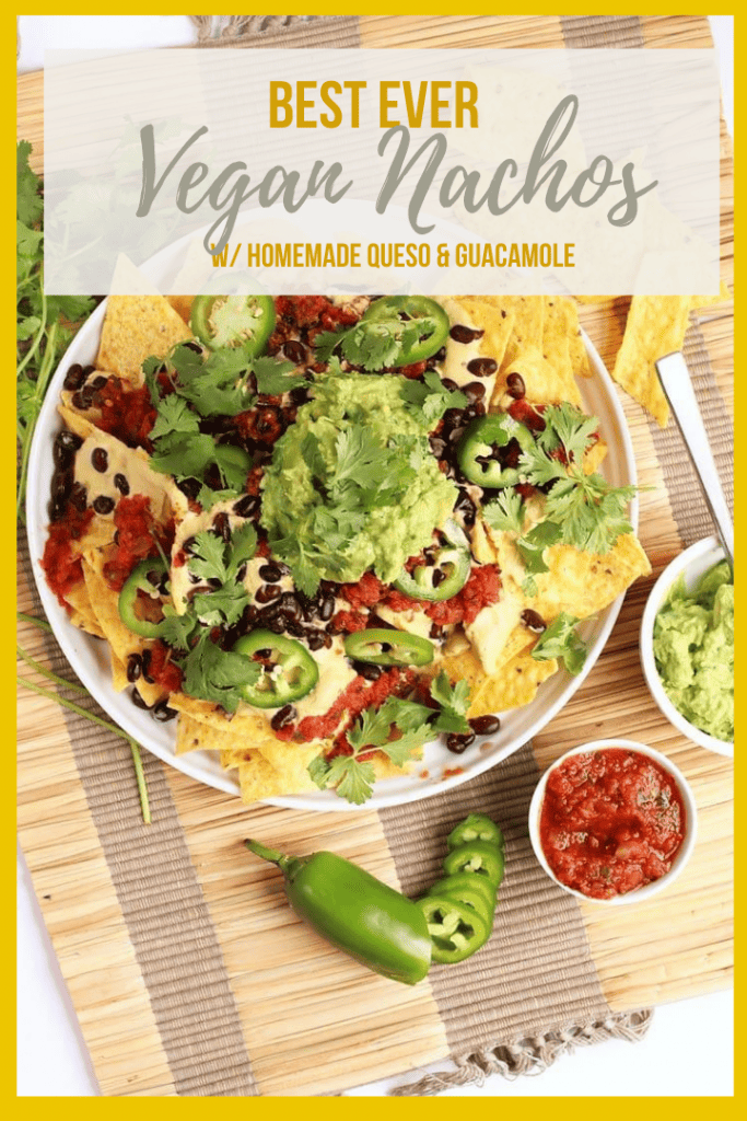 These Homemade Vegan Nachos are made with easy guacamole, vegan queso, and all the fixings for a delicious gluten-free party dish. You won't be able to get enough!