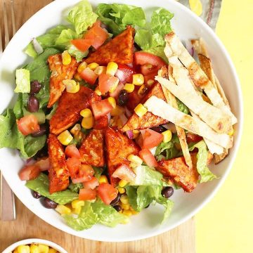 BBQ Tempeh Salad in a white bowl